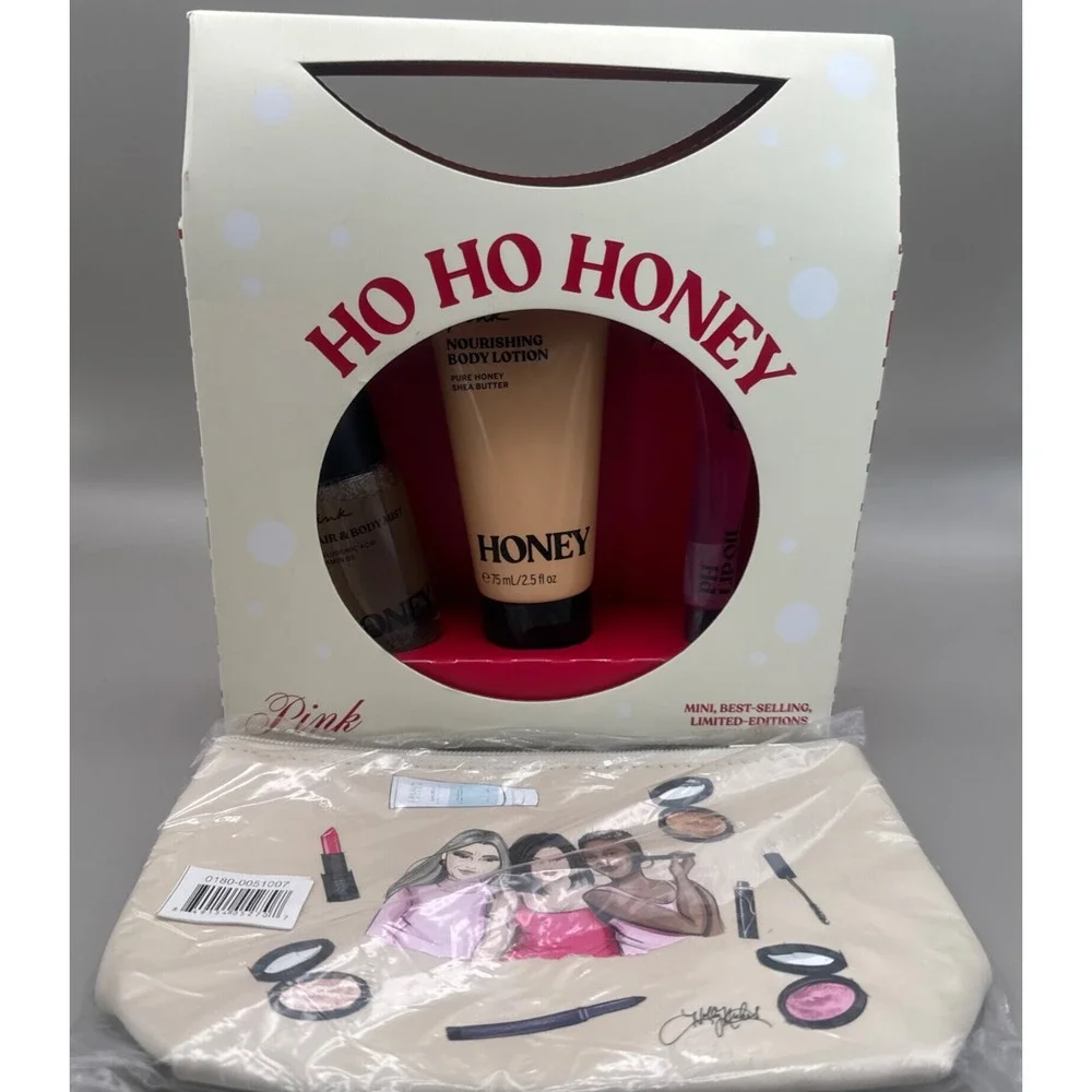 PINK Limited Ed Best Seller Mini HoHo Honey Body Care & Laura Geller Makeup Bag
